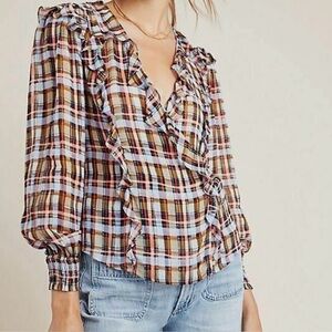 Maeve by Anthropologie Plaid Ruffle V-Neck Blouse - Brown Multi